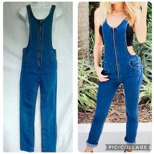 Free People FP Jax Blue Denim Jean Jumpsuit Skinny Zipper Front Overalls 0